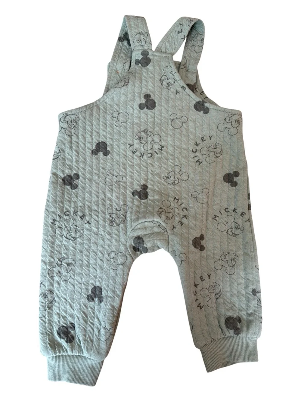 Disney Baby Mickey Mouse Sage Green Quilted Overalls Romper 3-6M Like New